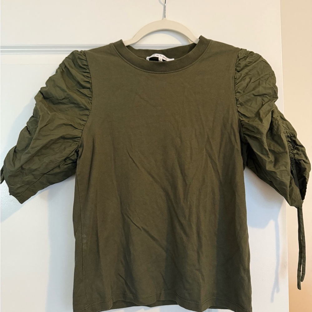 Frame Denim Army Green Ruched Sleeve Blouse